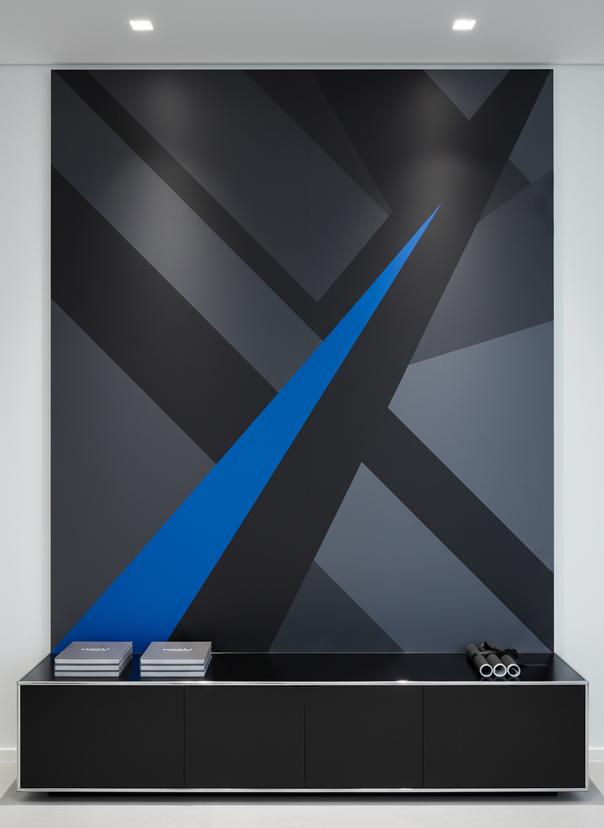 A large interior office wall featuring a dramatic, floor-to-ceiling mounted marketing graphic printed on smooth rigid board: a high-impact abstract design in deep blacks, cool greys, and a single accent color cutting diagonally across the composition. Below, a sleek black credenza holds a stack of branded lookbooks and a small arrangement of rolled posters. Cool, even overhead lighting accentuates the clean lines and flawless print finish, while subtle reflections appear on the credenza’s surface. Photographic realism, captured straight-on for architectural clarity, with strong verticals and horizontals. The mood is bold and authoritative, presenting environmental graphics and interior signage as powerful tools for brand presence within modern corporate spaces.