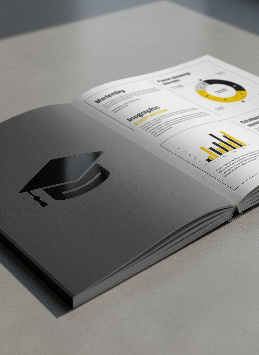 A close-up, detailed shot of a thick, textured marketing booklet opened on a minimalist concrete surface. The cover features a spot-gloss black cap icon contrasting against a soft-touch charcoal background, while the inside spread shows bold typography, clean layout grids, and infographics in a restrained palette of black, white, and a single accent color like vivid yellow. Natural window light from the right softly illuminates the textures, creating gentle highlights on the gloss elements and subtle shadows between pages. Photographic realism, with shallow depth of field drawing attention to the spine and paper edges. The mood is refined and intentional, emphasizing premium design, brand strategy, and elevated print marketing for business growth.