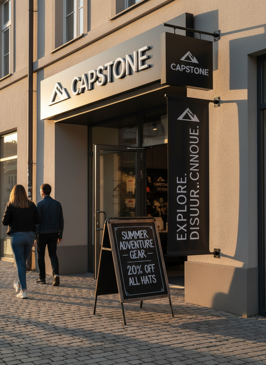 A street-level scene focused on a set of coordinated business signage elements: a sleek matte-black storefront sign with raised silver lettering of a stylized cap icon, a matching sidewalk A-frame displaying a bold promotional message on sturdy board, and a tall vertical banner mounted near the entrance. The building façade is neutral, allowing the signage to dominate visually. Late afternoon golden-hour light warms the scene, casting long, soft shadows and creating a subtle glow along sign edges. Photographic realism, framed using the rule of thirds with a slight upward angle emphasizing presence and visibility. The atmosphere is confident and business-forward, showcasing how cohesive signage and print marketing drive foot traffic and brand recognition.