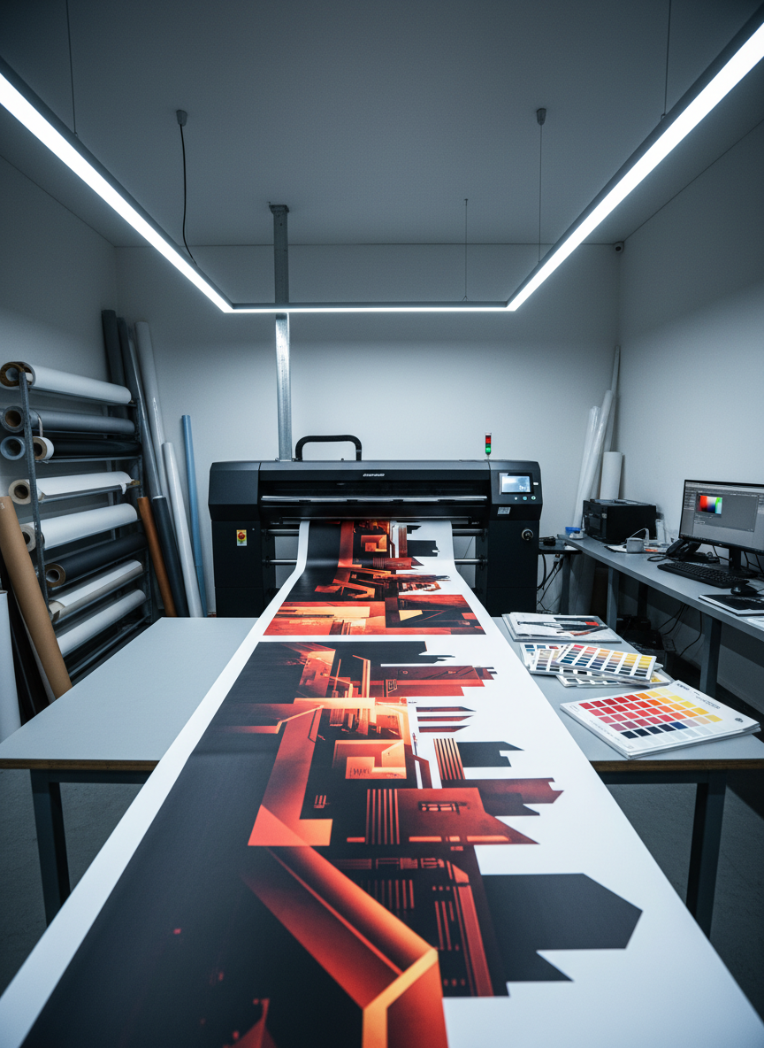 A wide, cinematic view of a modern print studio interior featuring a large-format digital printer with a sleek black and silver body, actively producing a vibrant full-color banner. The banner spills onto a clean cutting table, revealing sharp graphics, deep blacks, and saturated reds and oranges. Nearby, neatly stacked rolls of media and color swatch books add visual interest. Overhead, cool white industrial lights cast even illumination, highlighting the smooth metal textures and crisp paper edges. Photographic realism, captured from a slightly elevated, wide-angle perspective with sharp focus throughout. The atmosphere feels efficient, high-tech, and precise, communicating professional-grade print production capabilities for signage and marketing campaigns.