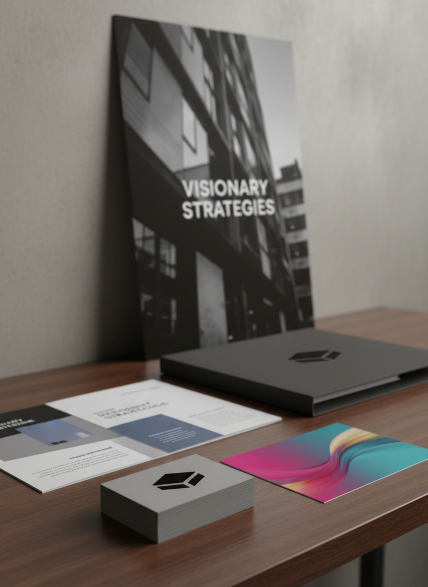A meticulously arranged selection of premium printed marketing materials displayed on a smooth dark wood desk: a thick matte-finish business card stack with a bold black cap logo, a tri-fold brochure partially open revealing clean typography, a glossy postcard with vivid color gradients, and a sturdy presentation folder. Behind them, a large-format poster leans against a neutral wall, showcasing crisp imagery and dense black tones. Soft, diffused studio lighting from the left creates subtle reflections on glossy surfaces and gentle shadows along paper edges. Photographic realism, shot at eye level with a slight angle, shallow depth of field softly blurring the background. The mood is professional, confident, and polished, emphasizing quality print and cohesive branding for a modern marketing-focused business.