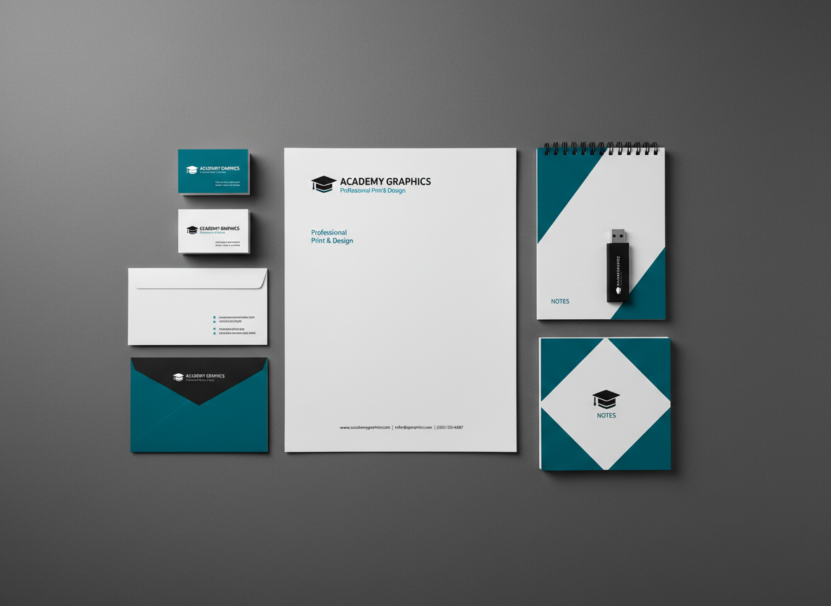 An overhead, flat-lay composition of a complete branded marketing kit arranged with precision on a smooth charcoal-grey backdrop: letterhead on heavyweight paper, envelopes with custom printed flaps, die-cut business cards, a compact brochure, branded notepad, and a USB drive with printed logo. Each piece features consistent branding with a black cap icon, clean sans-serif typography, and a restrained black, white, and deep teal color palette. Soft studio lighting from both sides minimizes harsh shadows, revealing paper thickness and print quality. Photographic realism with sharp focus across the frame. The mood is orderly, modern, and strategic, illustrating a unified visual identity and the breadth of professional print, design, and marketing services for businesses.